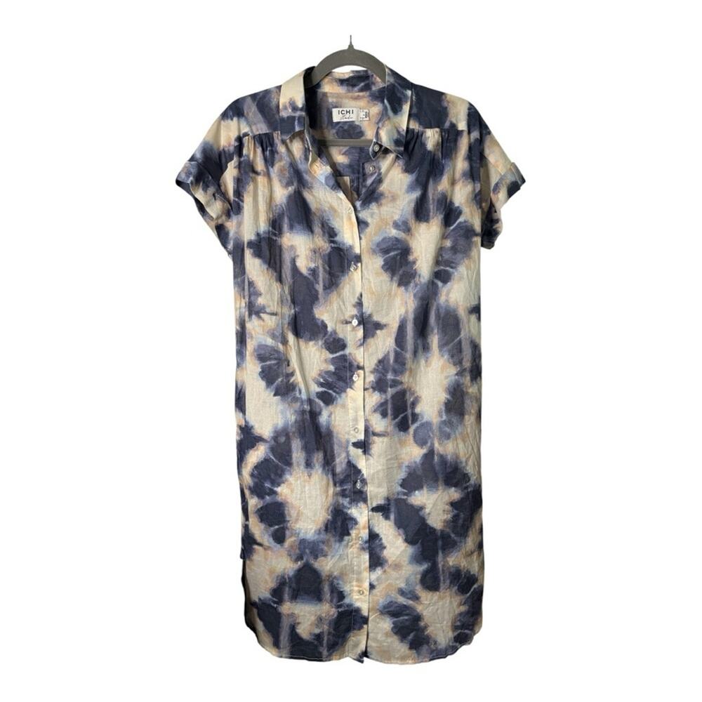 Ichi Studio Blue Tan Print Short Sleeve Buttoned Front Shirt Dress 34